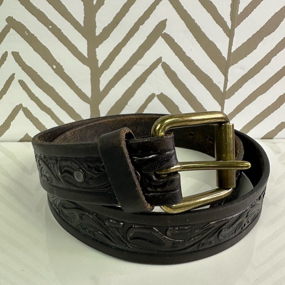 Brushy Creek Full Grain Cowhide Tooled Leather Belt Made in USA Size 40